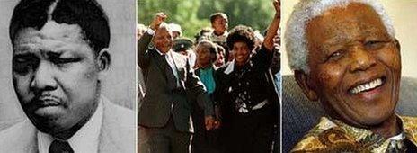 Left: A 1961 photo of Nelson Mandela (AP); Centre: Mr Mandela and his then-wife on his release from prison in 1990 (AFP); Right: Mr Mandela pictured in 2007 (AP)