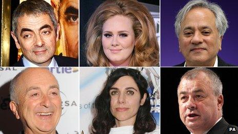 Birthday Honours recipients (clockwise from top left) Rowan Atkinson, Adele, Anish Kapoor, Tony Robinson, PJ Harvey, Brendan Barber