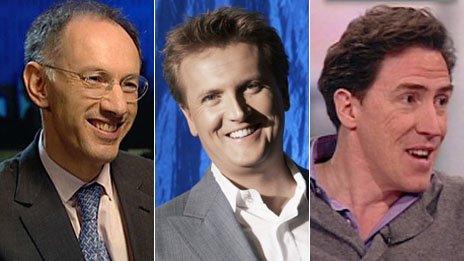 (Left to right): Michael Moritz, Aled Jones, Rob Brydon