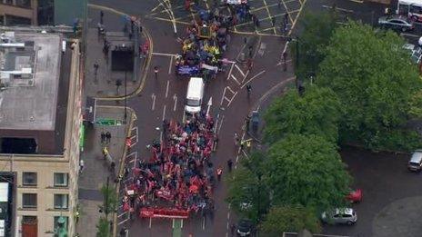 Aerial view of G8 protest march in Belfast