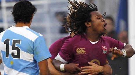 Marland Yarde joyfully celebrates his maiden England try