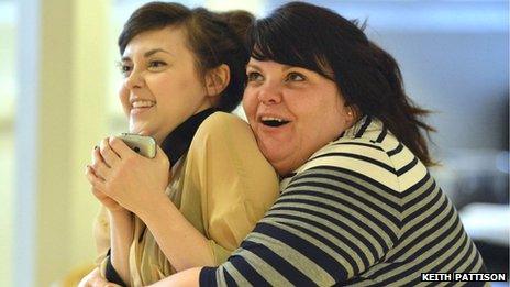 Evelyn Hoskins and Rachel Lumberg in rehearsals for This Is My Family