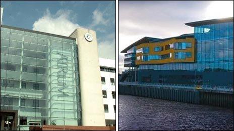 Unodd Prifysgol Morgannwg (chwith) a Phrifysgol Casnewydd (dde)