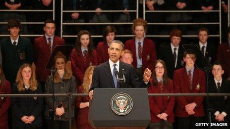 President Barack Obama speaks in the Waterfront Hall in Belfast, Northern Ireland 17 June 2013