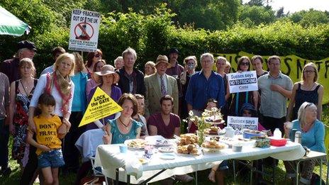 Protesters outside Lower Stumble site, near Balcombe, West Sussex