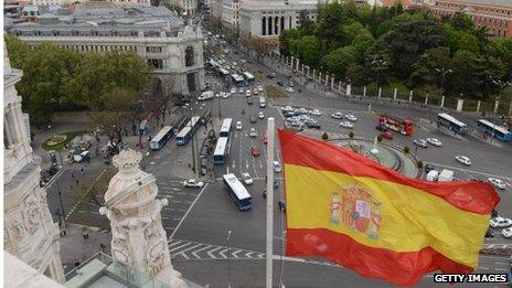 The Spanish flag flys at the Plaza de Cibeles in the Spanish capital Madrid