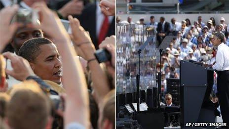 Composite photo of Barack Obama in Berlin 2008 and 2013