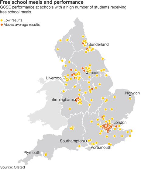 Map showing how schools with high numbers of students receiving free school meals perform at GCSE