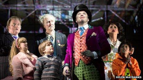 Douglas Hodge as Willy Wonka with Jack Costello as Charlie and cast members. Photo by Helen Maybanks