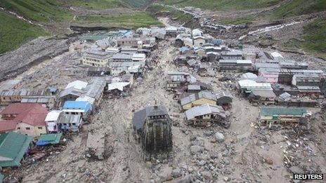 Buildings damaged by floods in Kedarnath, Uttarakhand state. Photo: 18 June 2013