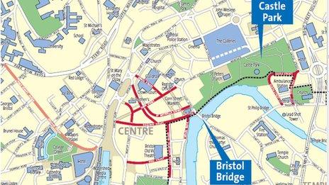 Map of Bristol showing road closures