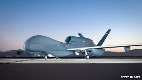 One of the drones, a Euro Hawk, parked in the Mojave Desert