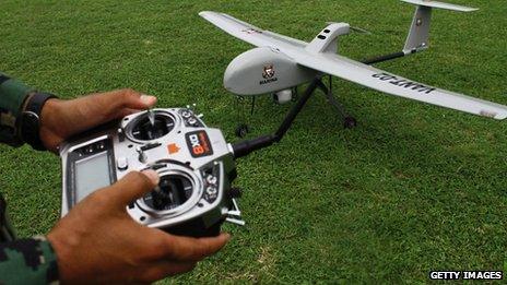 A member of the Mexican navy tries out a new drone