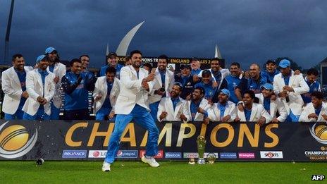 Virat Kohli dances as India celebrate after winning the 2013 ICC Champions Trophy at Edgbaston in Birmingham on 23 June 2013