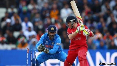 Ian Bell of England is stumped by MS Dhoni of India off the bowling of Ravindra Jadeja during the Champions Trophy final on 23 June 2013