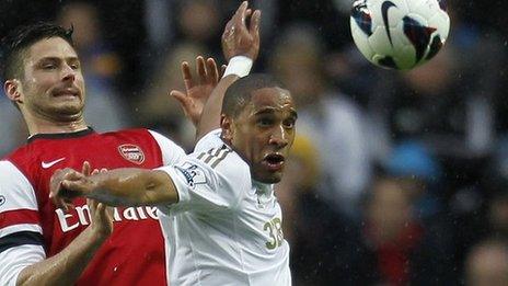 Ashley Williams heads the ball against Arsenal in March, 2013