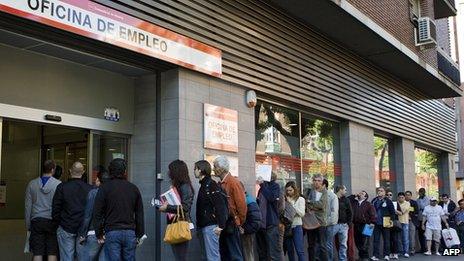 Spain unemployed in line at job centre, Madrid, 4 Jun 13