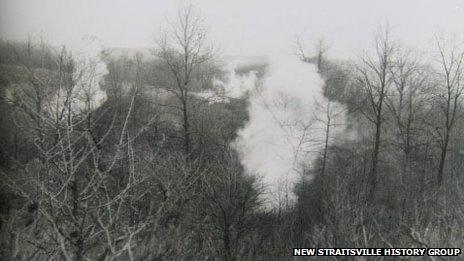 Smoke rises from the mine fire in New Straitsville, Ohio in the 1930s