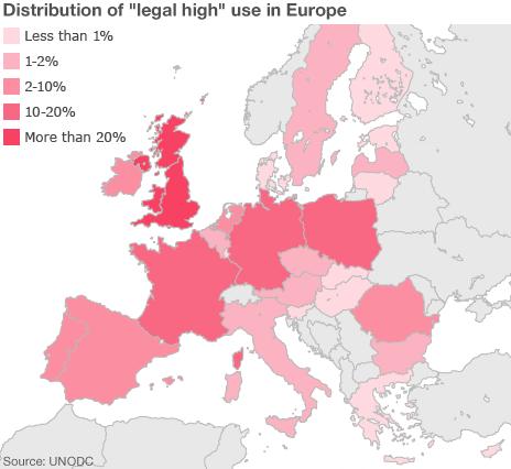 Map showing the distribution of legal highs in Europe