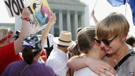 People celebrate outside the Supreme Court after two historic gay marriage rulings in Washington DC 26 June 2013