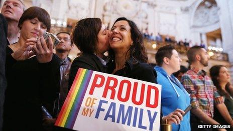 People celebrate outside the Supreme Court after two historic gay marriage rulings in Washington DC 26 June 2013