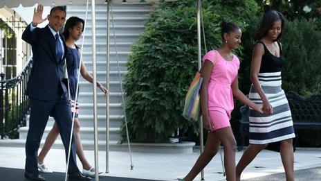 US President Barack Obama walks out from the residence with first lady Michelle Obama, daughters Sasha (3rd L) and Malia (2nd L) prior the their departure for a trip to Africa June 26, 2013 at the White House in Washington, US