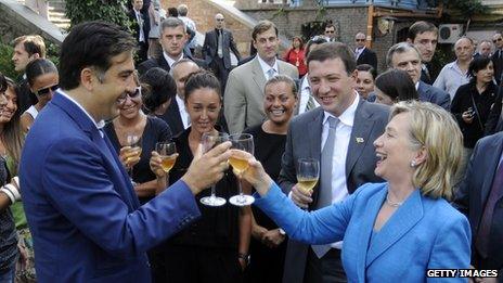 President Mikhail Saakashvili toasting US Secretary of State Hilary Clinton