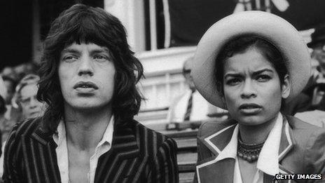 Mick and Bianca Jagger watching cricket at The Oval in London