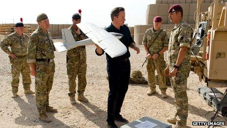 David Cameron with an unmanned surveillance aircraft