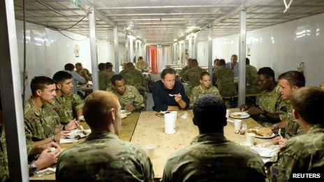 David Cameron eating breakfast with troops