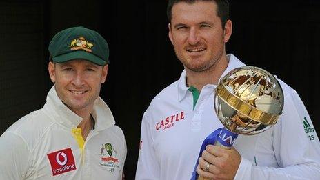 Australia captain Michael Clarke and South Africa skipper Graeme Smith with the ICC Test Mace