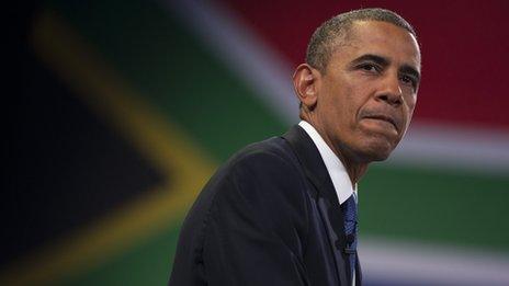 US President Barack Obama pauses during a town hall meeting with young African leaders at the University of Johannesburg Soweto (June 29, 2013)