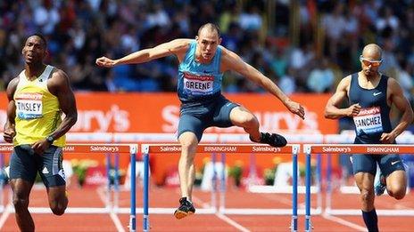 Dai Greene in the Mens 400m Hurdles during the Sainsbury's Grand Prix Birmingham IAAF Diamond League at Alexander Stadium