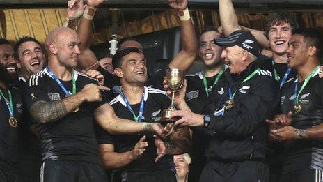 New Zealand celebrate their Rugby World Cup Sevens triumph