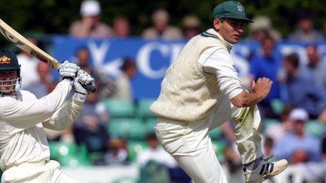 David Leatherdale takes evasive action from Australian batsman Damien Martyn