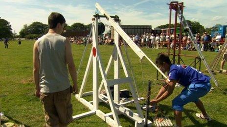 The Japanese team taking part in the egg trebuchet event