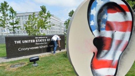 Protesters display a banner showing a giant ear in US flag colours during a protest against spying in the Kiev, Ukraine