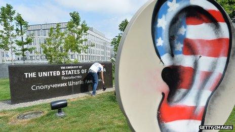 Protesters display a banner showing a giant ear in US flag colours during a protest against spying in the Kiev, Ukraine