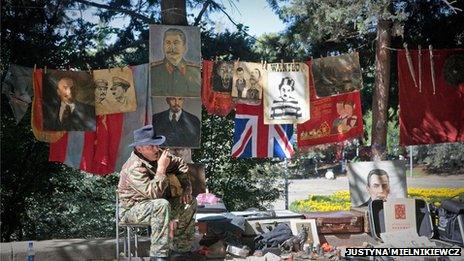 Flea market in Tbilisi selling pictures of Joseph Stalin