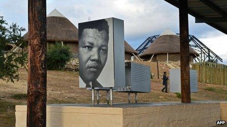 Picture of former South African President Nelson Mandela is displayed at Mvezo on 3 July 2013