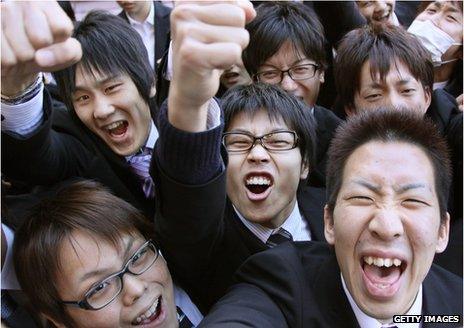 Japanese men celebrating with fists in the air