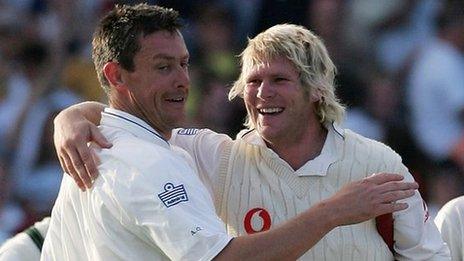 Ashley Giles and Matthew Hoggard celebrate England's win at Trent Bridge in 2005