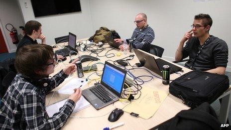 Students from engineering schools attend, on Meudon, west of Paris, overnight on March 16, 2013, the first edition of the Steria Hacking Challenge.