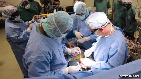 Surgeons performing heart surgery