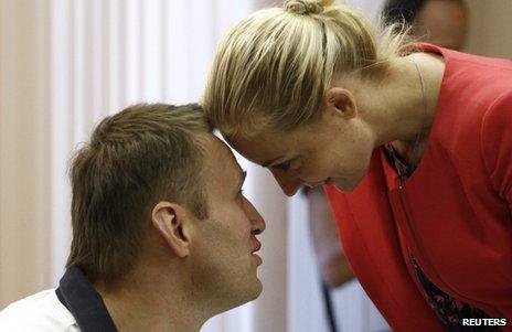 Alexei Navalny in court with his wife Yulia in Kirov, Russia, 2 July