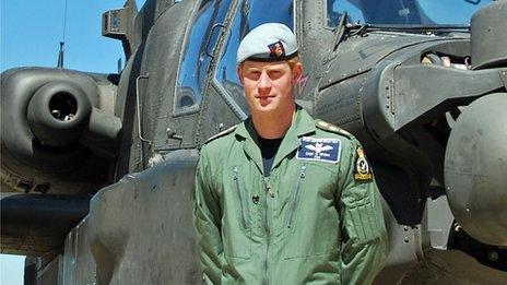 Prince Harry in front of an Apache helicopter