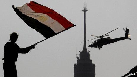 Egyptian protester and military helicopter