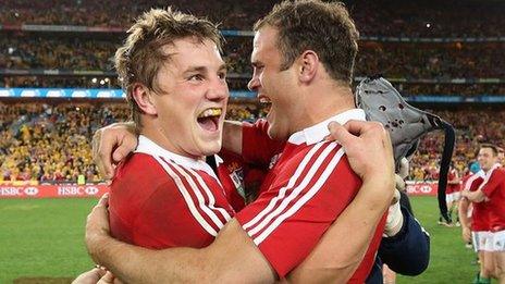 Jonathan Davies and Jamie Roberts embrace after the Lions' 41-16 win over Australia in Sydney