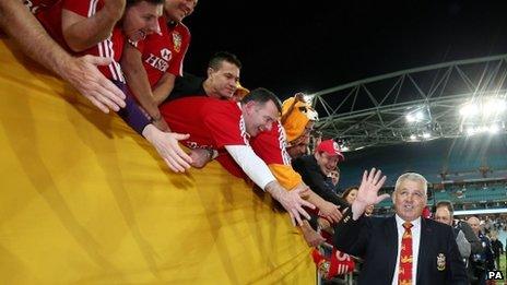 Warren Gatland takes the congratulations of Lions fans after the deciding Test in Sydney