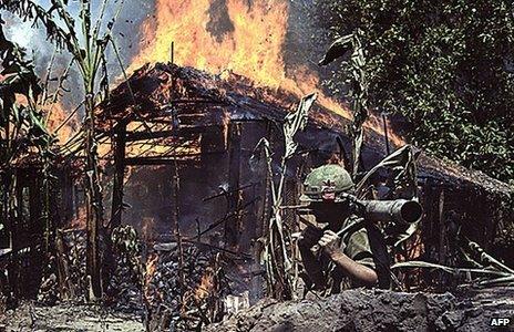 A Viet Cong base being burned in My Tho, Vietnam on 05 April, 1968.